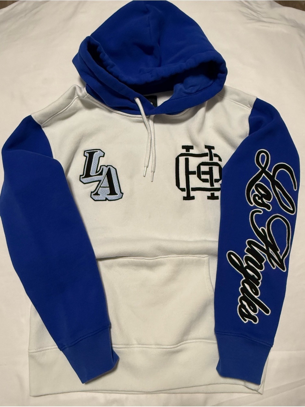 Hollister White and Royal Blue LA Patch Hoodie